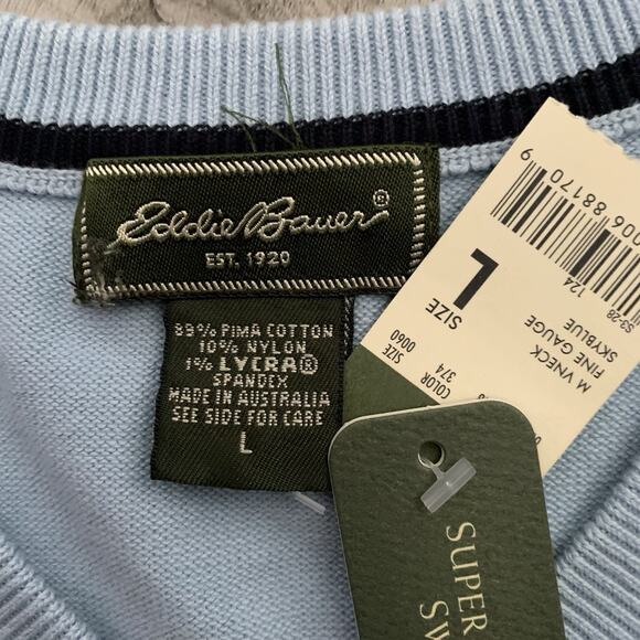 Eddie Bauer Sweater Men Large Sky Blue Fine Gauge V-Neck Pullover PIMA Nylon NEW - Picture 2 of 6